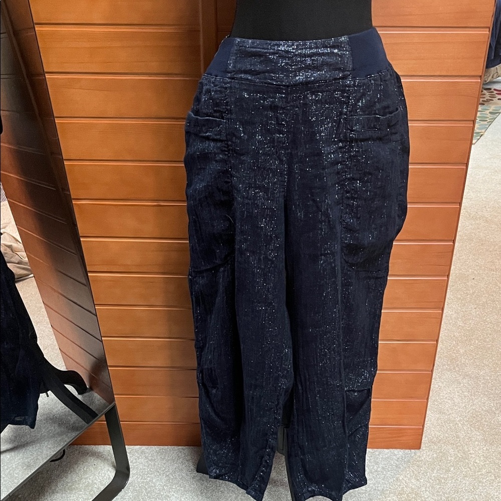 Soft Surroundings Navy Shimmer Wide-Leg Cropped Pants Large
